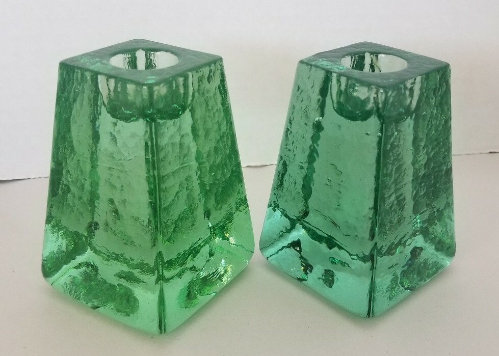 Rare Signed Fire And Light Recycled Glass Candle Holder Pair in stunning green