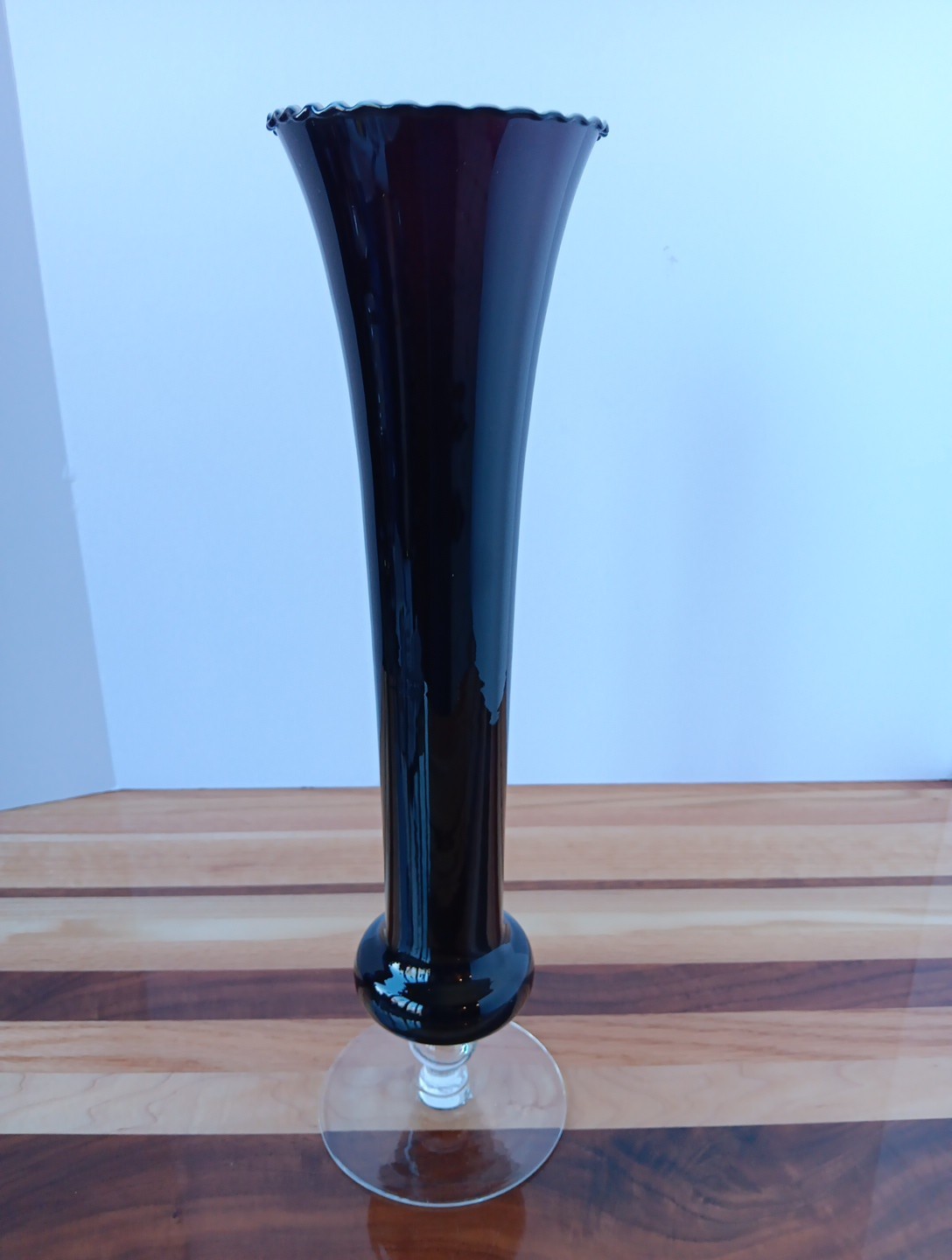 Tall Black Vase Hand Blown White with Clear Footed Bottom 15.25″ Bud Glossy