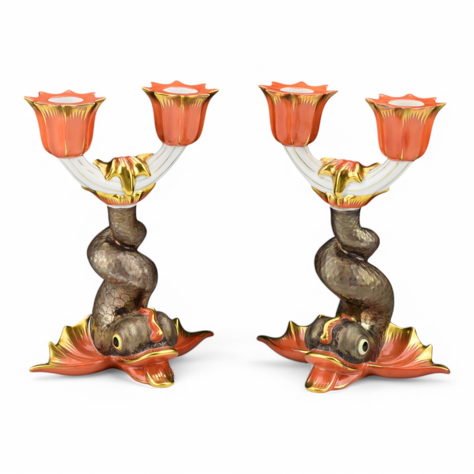 Pair Herend Porcelain Candlesticks Rust Koi Fish Dolphin 2-Lite 7933
