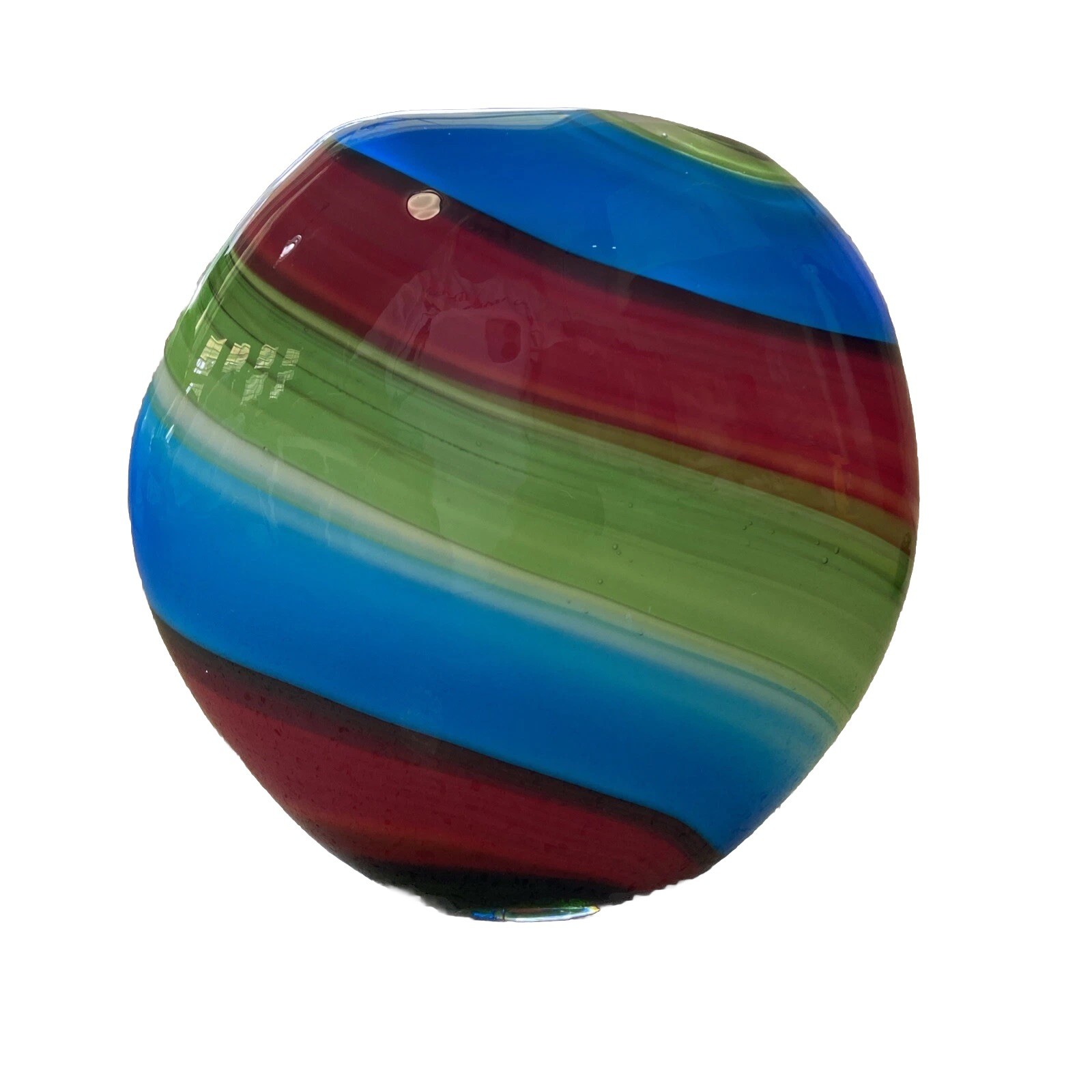 Murano Hand Blown Blue Red Cased Colorful Swirl Art Glass Multicolor 6 Inches