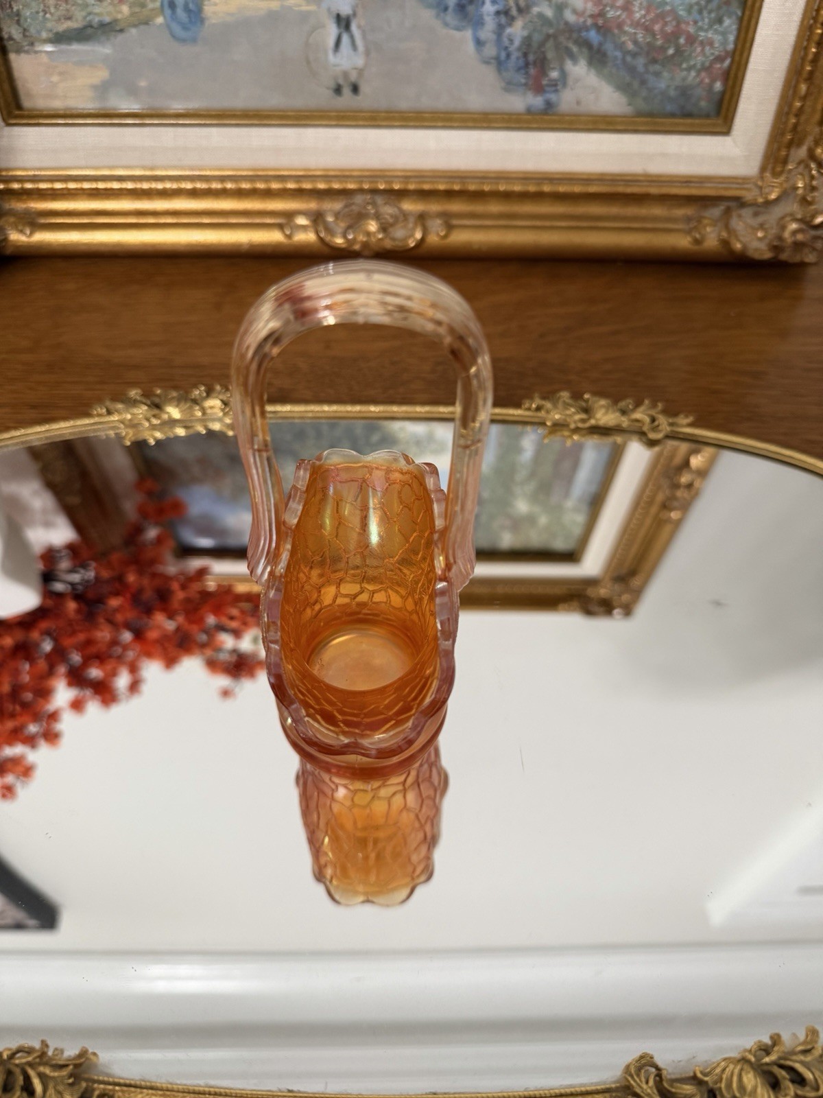 Orange Iridescent Crackle Carnival Glass Oval Decorative Basket Handle 7″
