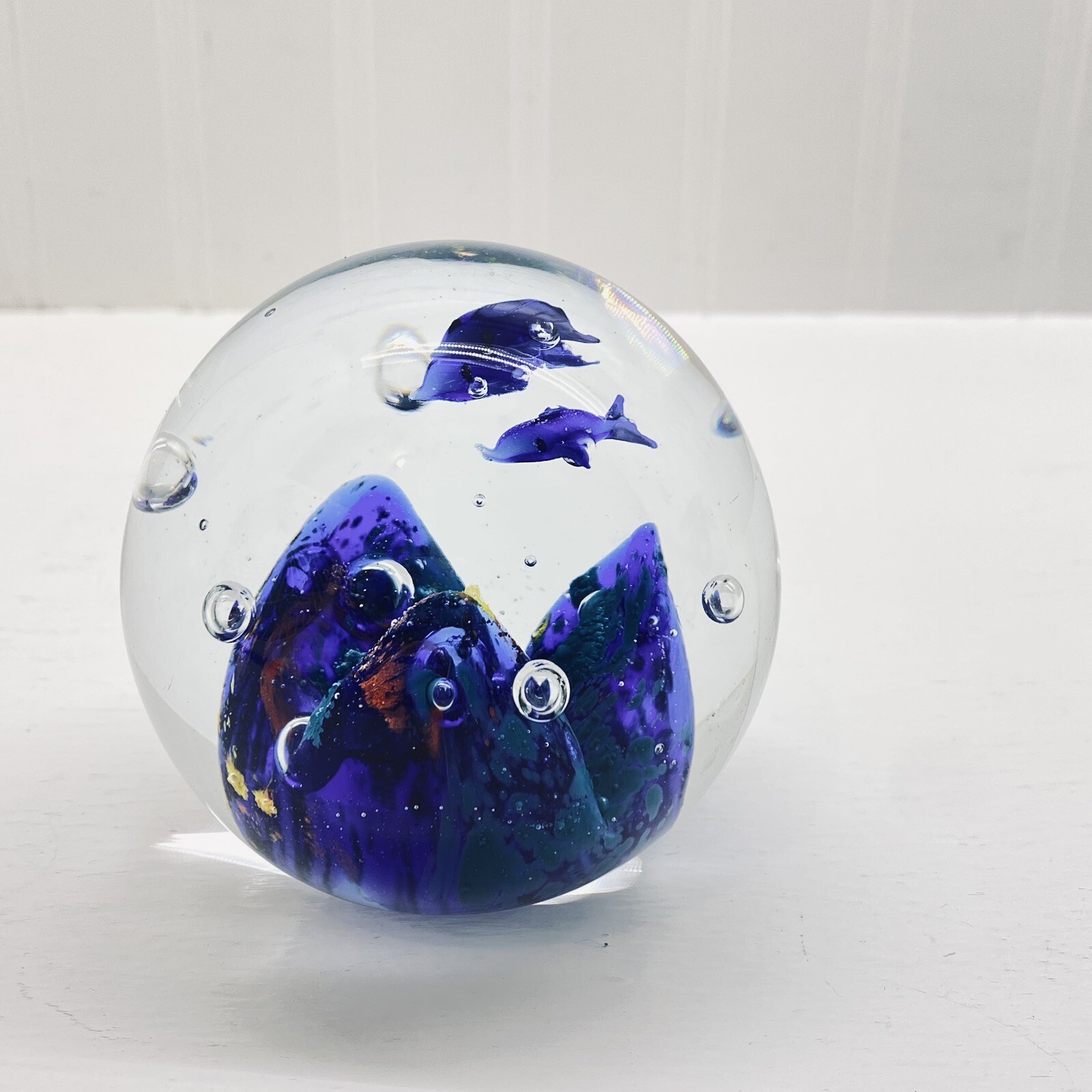 Hand Blown Glass Paperweight Blue Dolphins Ocean Water Coral