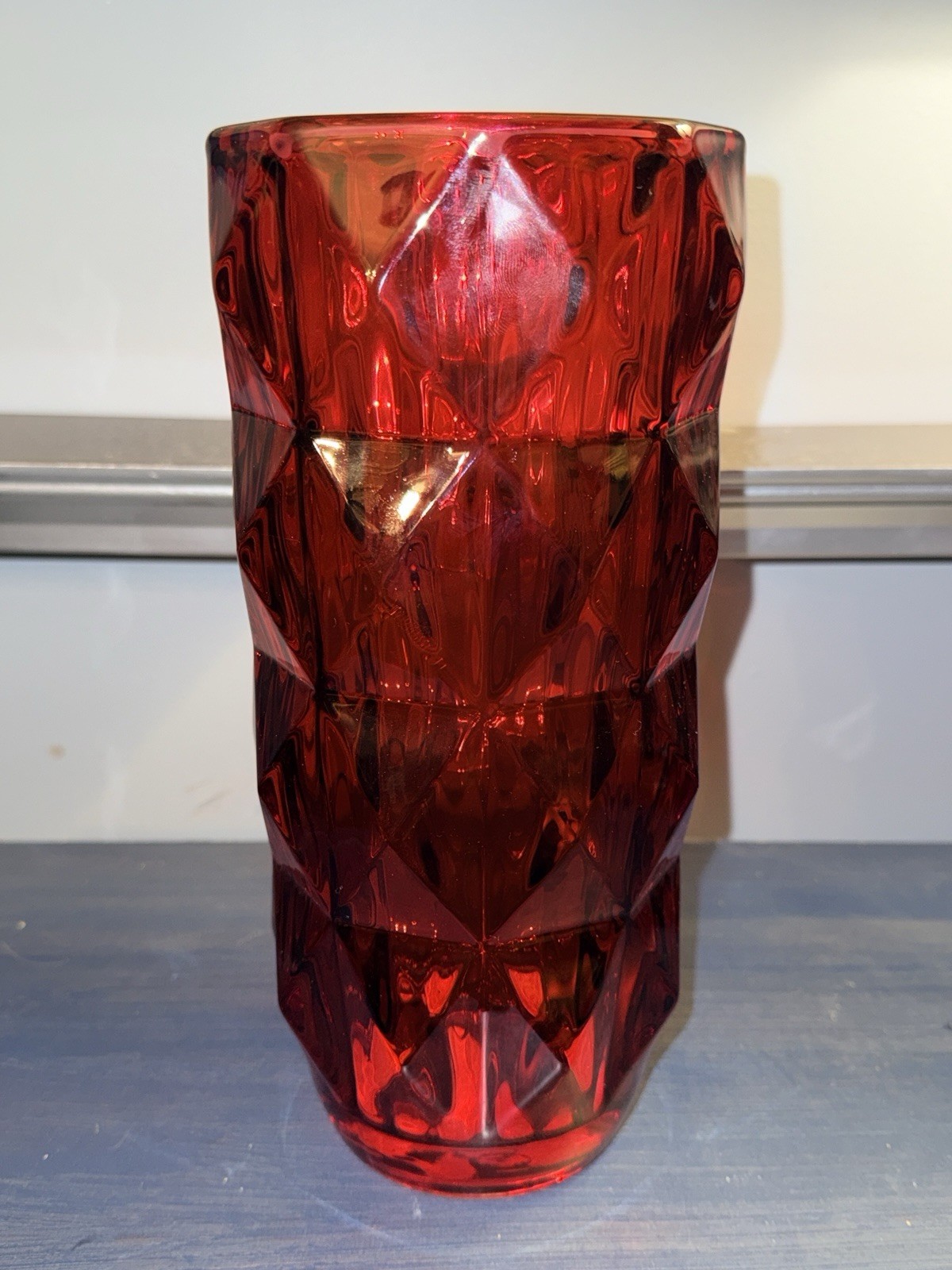 NwoT Elegant Ruby Red 10.5” Glass Vase-Ribbed Diamond Pattern