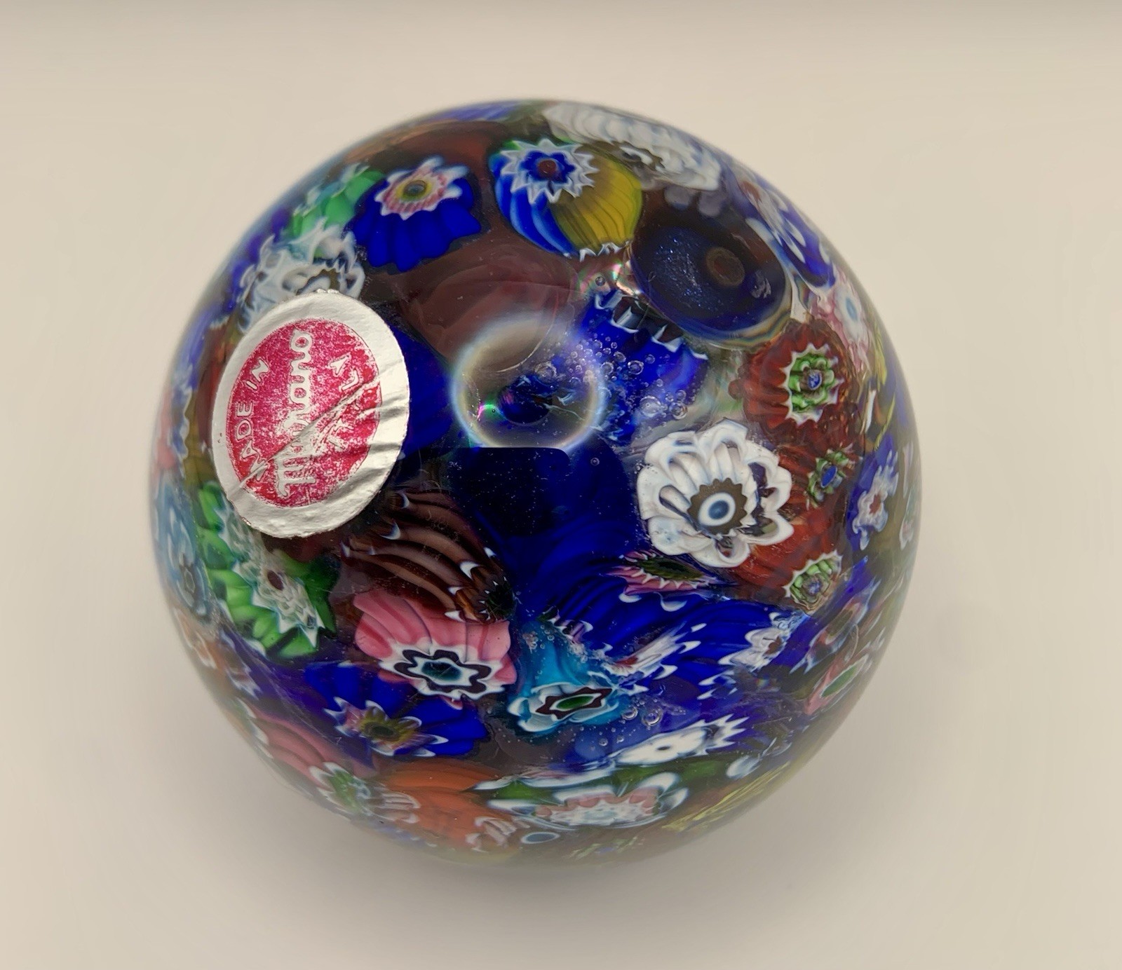 Vintage Murano Glass Floral & Scramble Millefiori Paperweight With Sticker