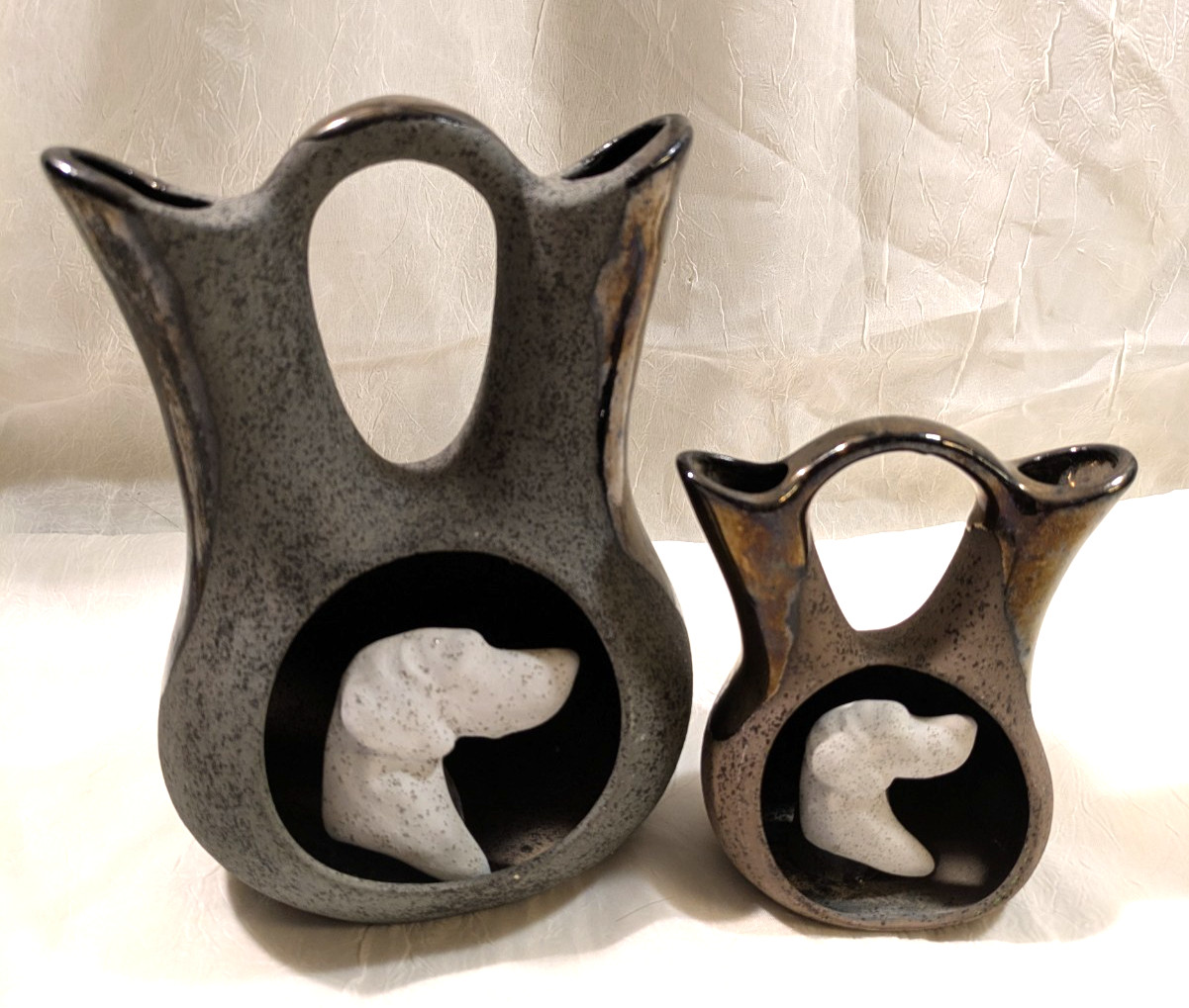 Unique Wedding Vase Style Pottery Retriever Pointer Bird Dog Cut Out Set of 2