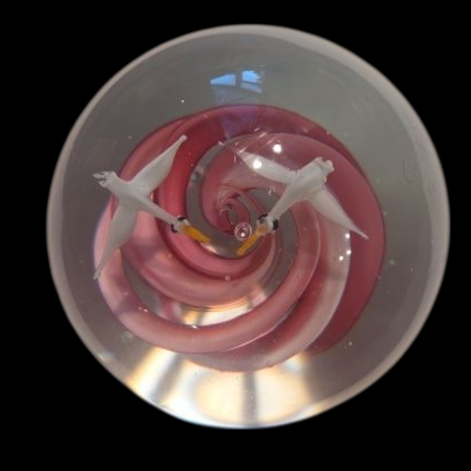 Art Glass Paperweight 2.25″ Pink Ribbon Spiral Swirl Pair White Birds in Flight