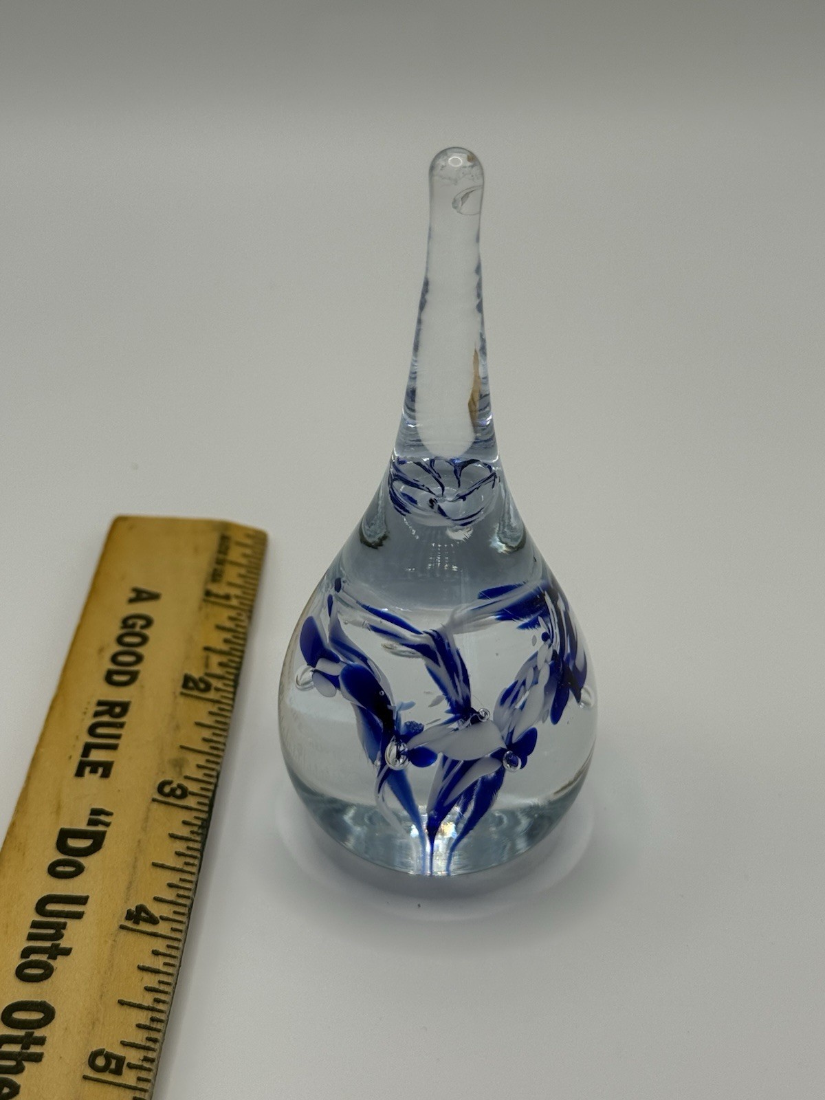 Hand Blown Tear Drop Paperweight Blue White Color