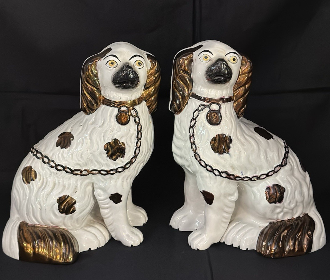 ANTIQUE STAFFORDSHIRE COPPER LUSTER PAIR OF 9″ DOGS….MINT! 1860