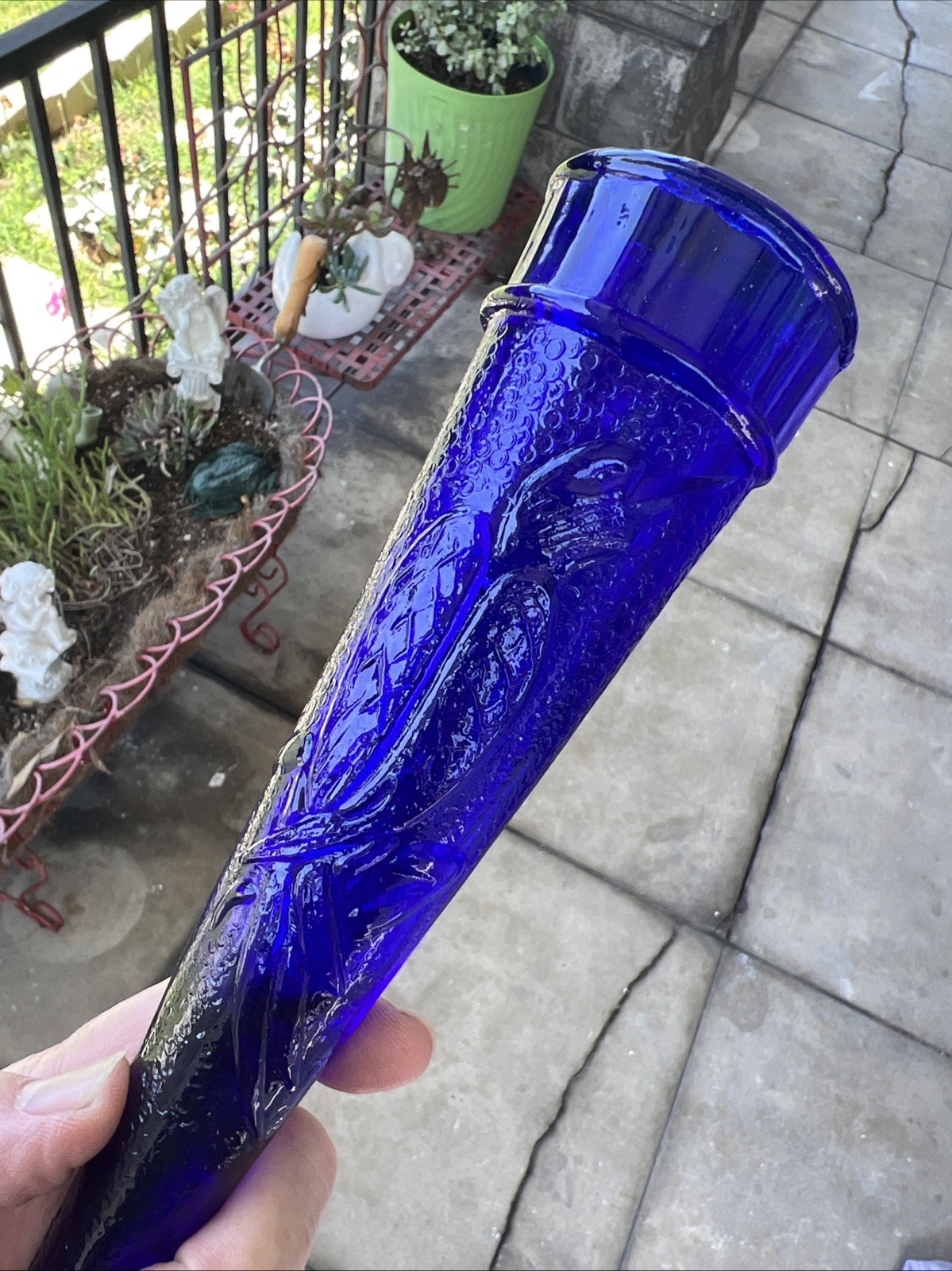 VTG Dugan Cobalt Blue Glass Cone Bird Car Wall Pocket Vase 1920s 8 1/8” H Set 2