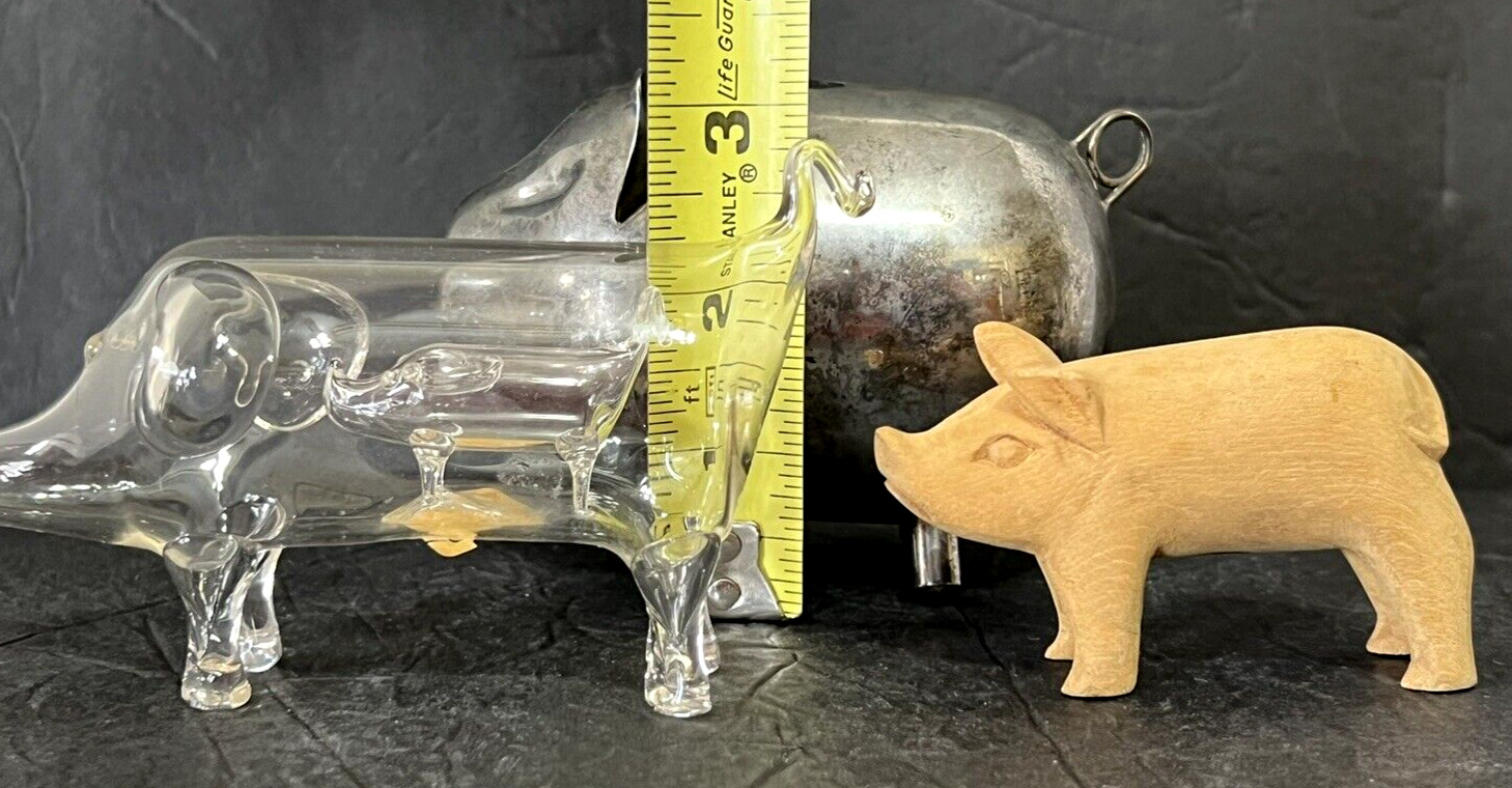 3 VTG PIG FIGURES HANDBLOWN GLASS W/BABY PIG IN BELLY SILVERTONE BANK WOODCARVED