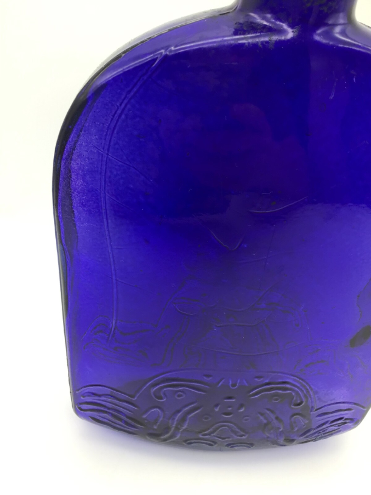 Cobalt Blue Glass Embossed European Bottle Floral/Art Motif 8.5 inches