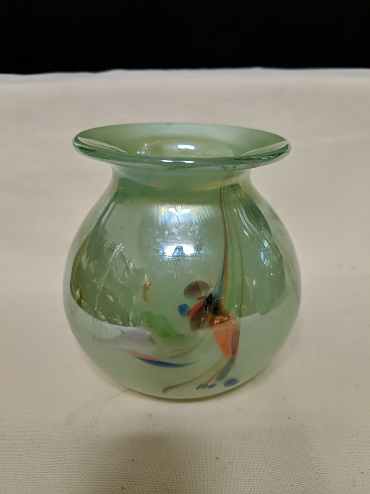 Hand Blown Studio Art Glass Iridescent Mint Green Face w/ Colorful Accents