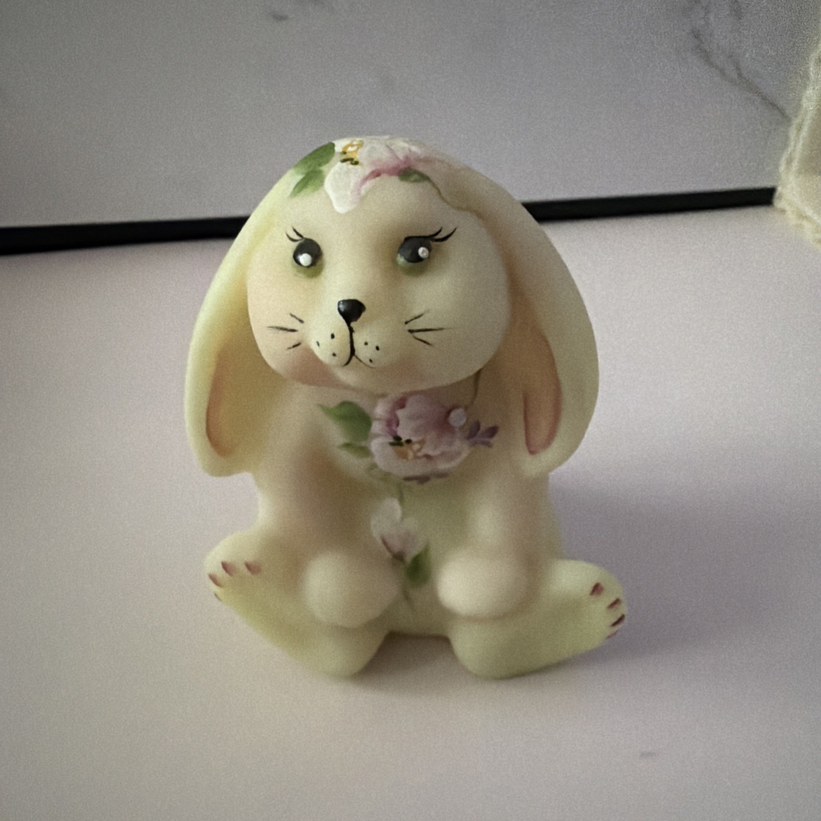 FENTON ART GLASS 2010 BURMESE SATIN LOP-EARED BUNNY FIGURINE -J. CUTSHAW