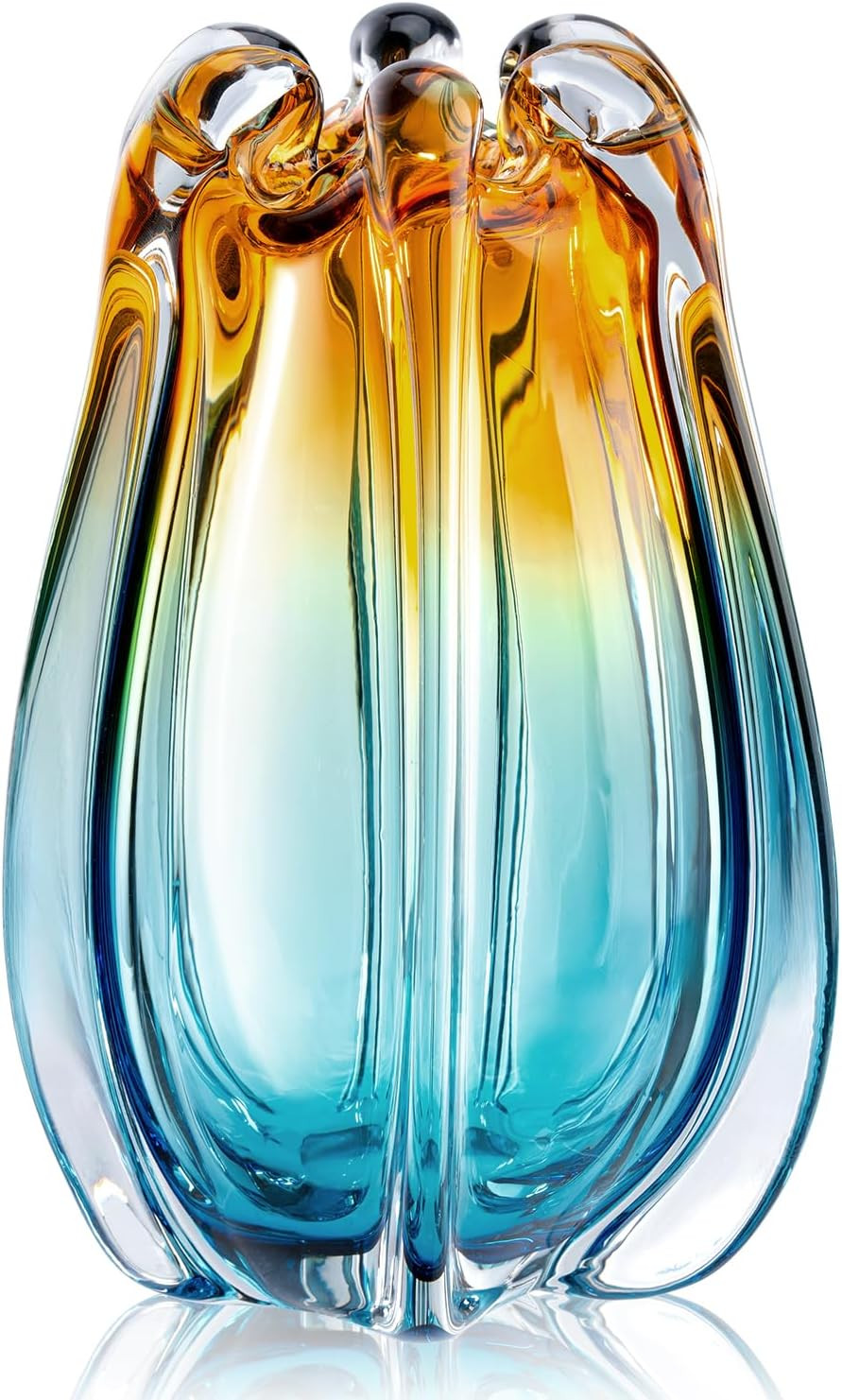 Hand Blown Glass Vase for Flowers, 9.45″ Unique Murano Style Art Glass Vase, Flu