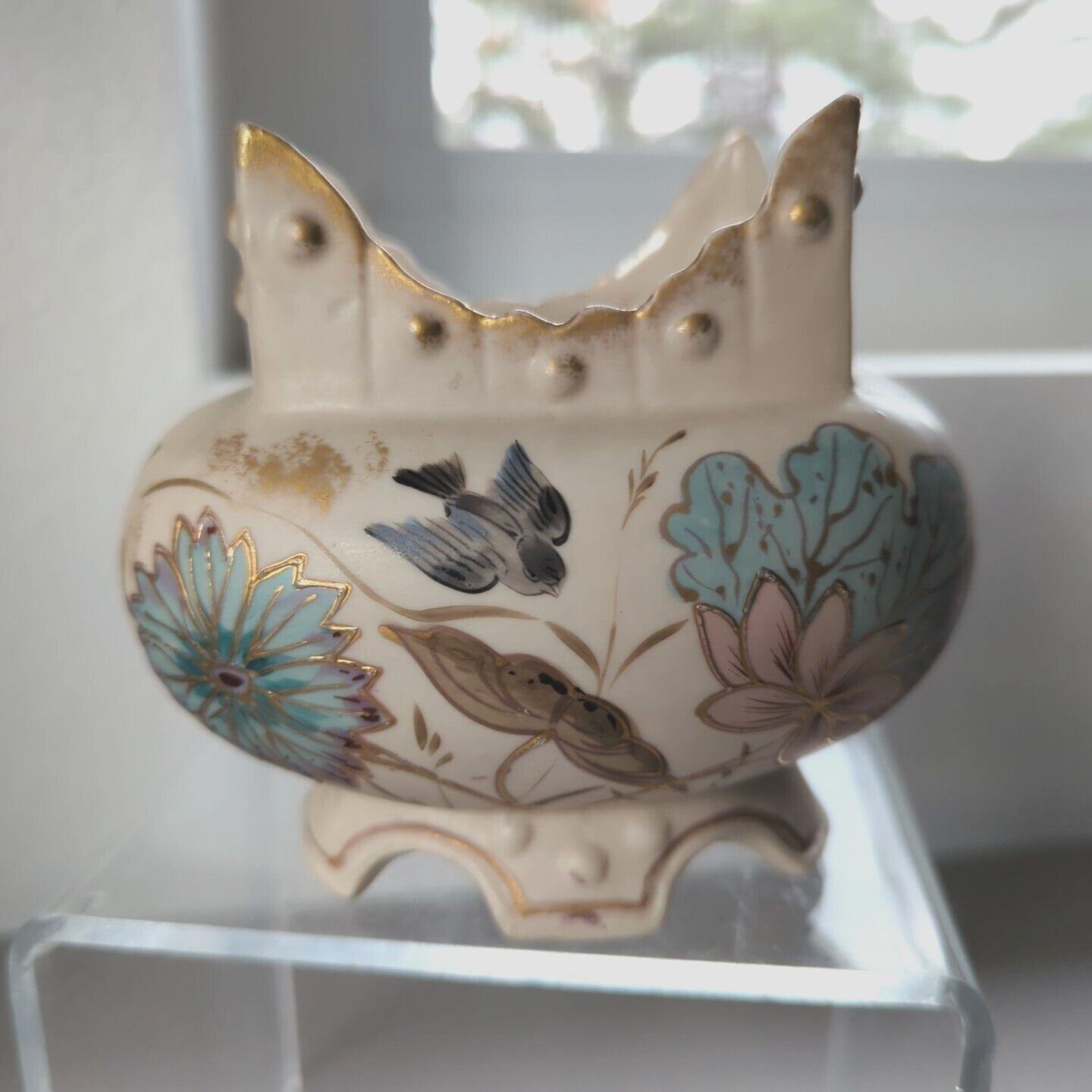 Antique Royal Porcelain Vase Ceramic Hand Painted Floral Bird Gold Gilding Oval