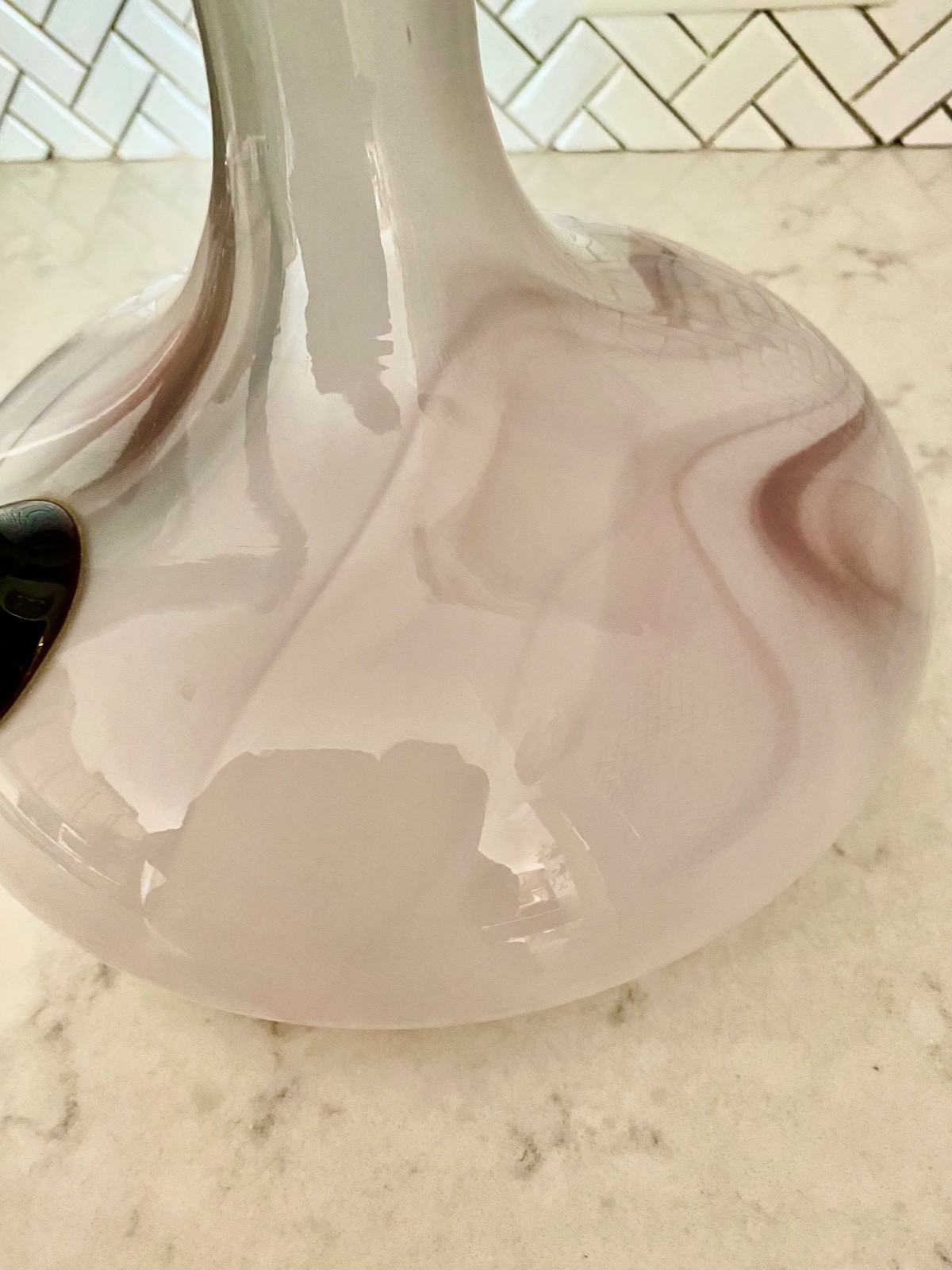 60s Art Glass Pitcher Vase Amethyst White Lavender w/ Handle Hand Blown 12.5″