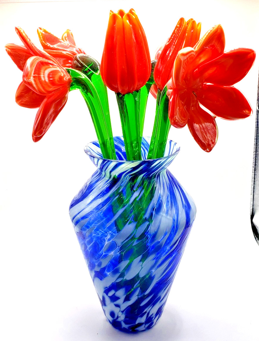 Royal Limited Czech Crystal 5″ Vase w Handblown Glass Flowers 8in Stems Set Art