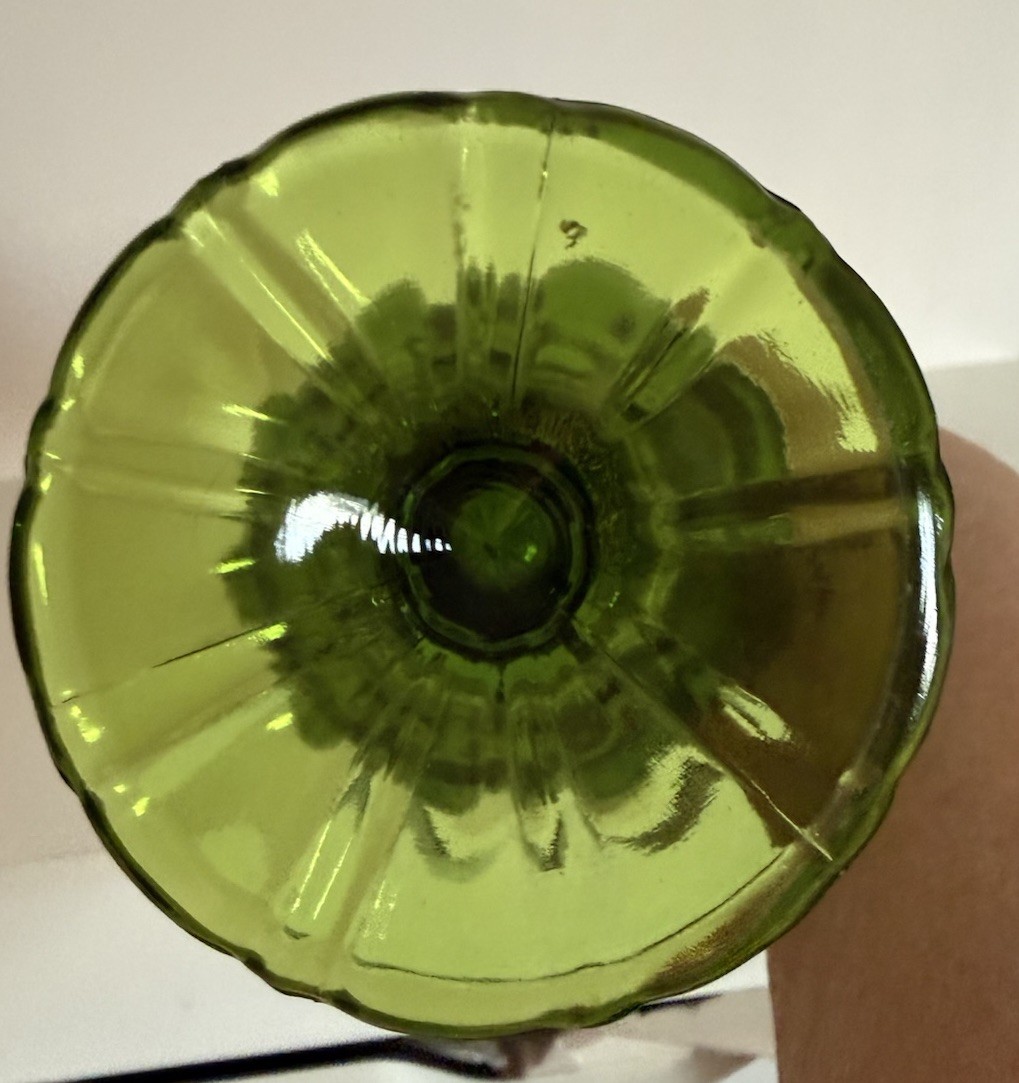Vintage 1960s LE Smith Avocado Green 6 Petal Swung Glass Pedestal Vase 15.75”