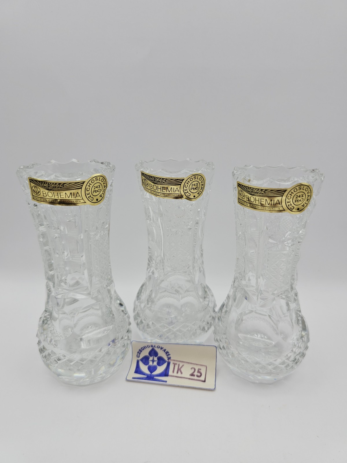 (3) 4-3/4″H Vintage Lead Crystal Bohemia Bud Vase Made in Czechoslovakia
