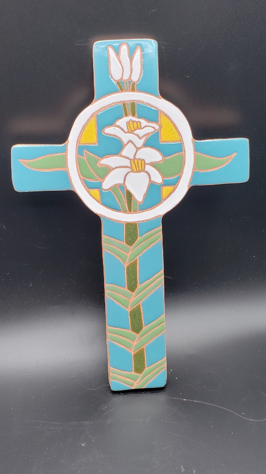Ceramic Cross Easter Lily Wall Hanging Signed Tile Hill Country Art Tile Pottery