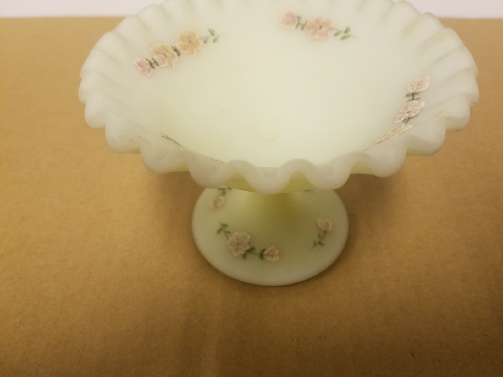 Fenton HP & Signed Custard Glass Compote