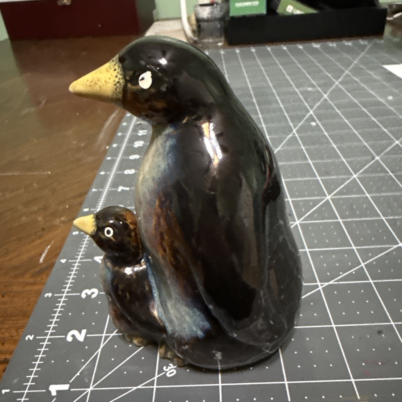 Ceramic Penguin Parent & Chick Figurine Drip Glaze Blue Brown MCM Style Vingage
