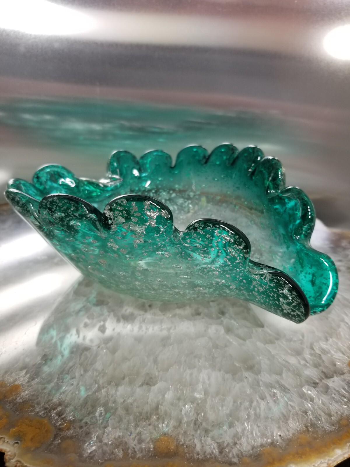 Vintage Murano Glass * Ashtray Bowl * Teal Blue * Silver Aventurine * 7″ * 0419