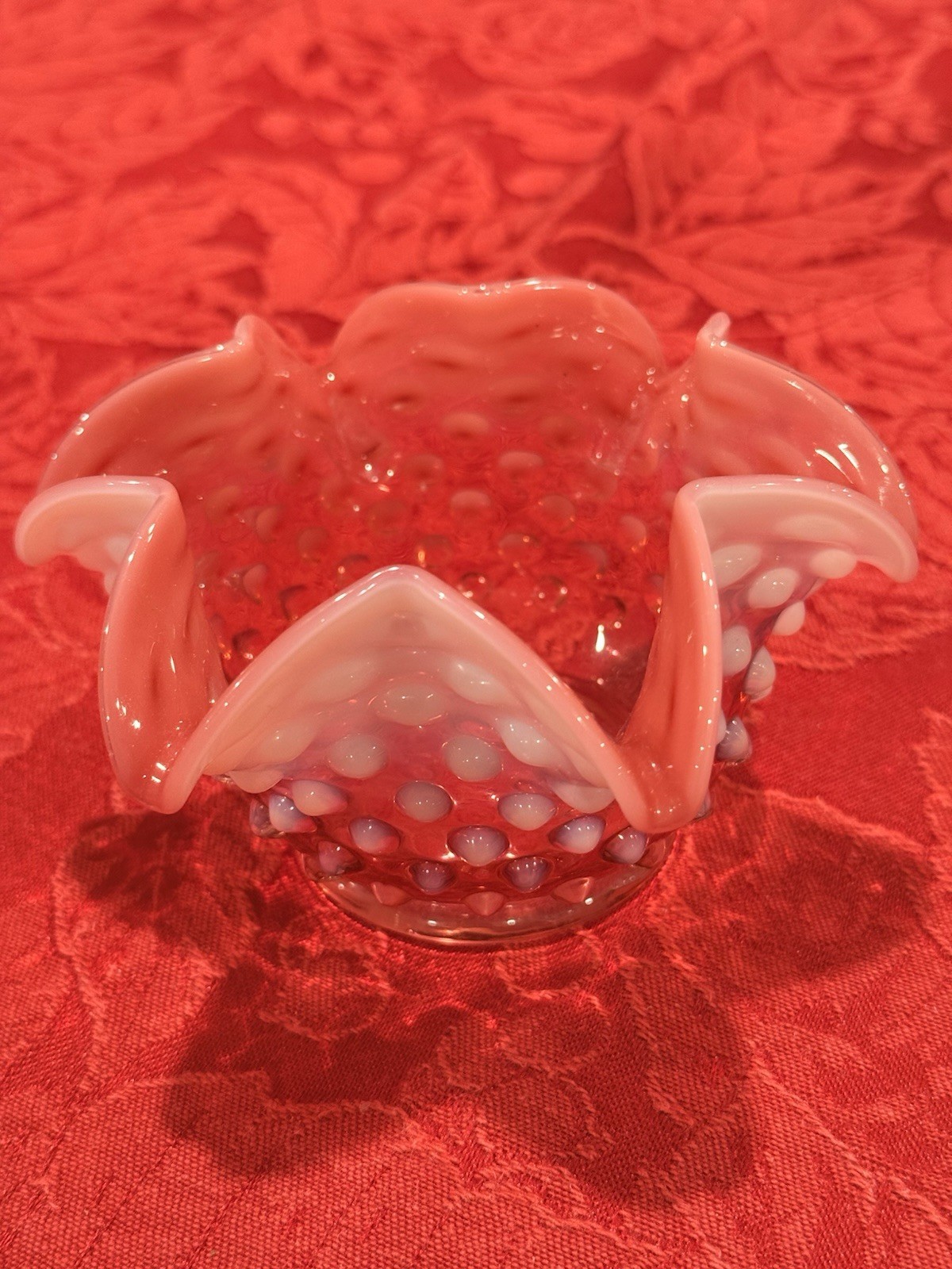 Vintage Fenton Cranberry Opalescent Hobnail Mayonnaise Set W/ Underplate & Ladle