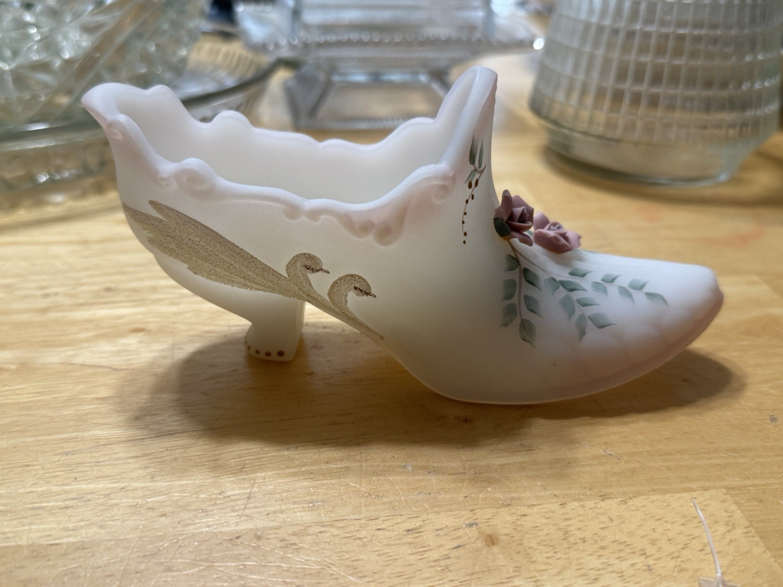 Unique Vintage Fenton-Large Shoe in Satin White Glass with Porcelain Roses