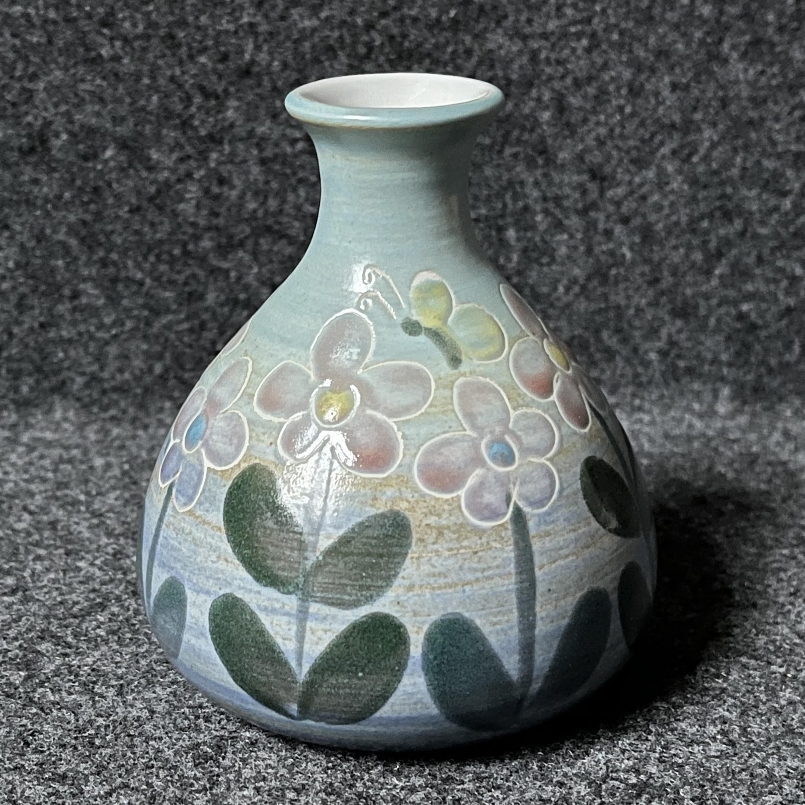 Ceramic Art Pottery Small Vase Floral Design Butterflies Nature Hand Painted