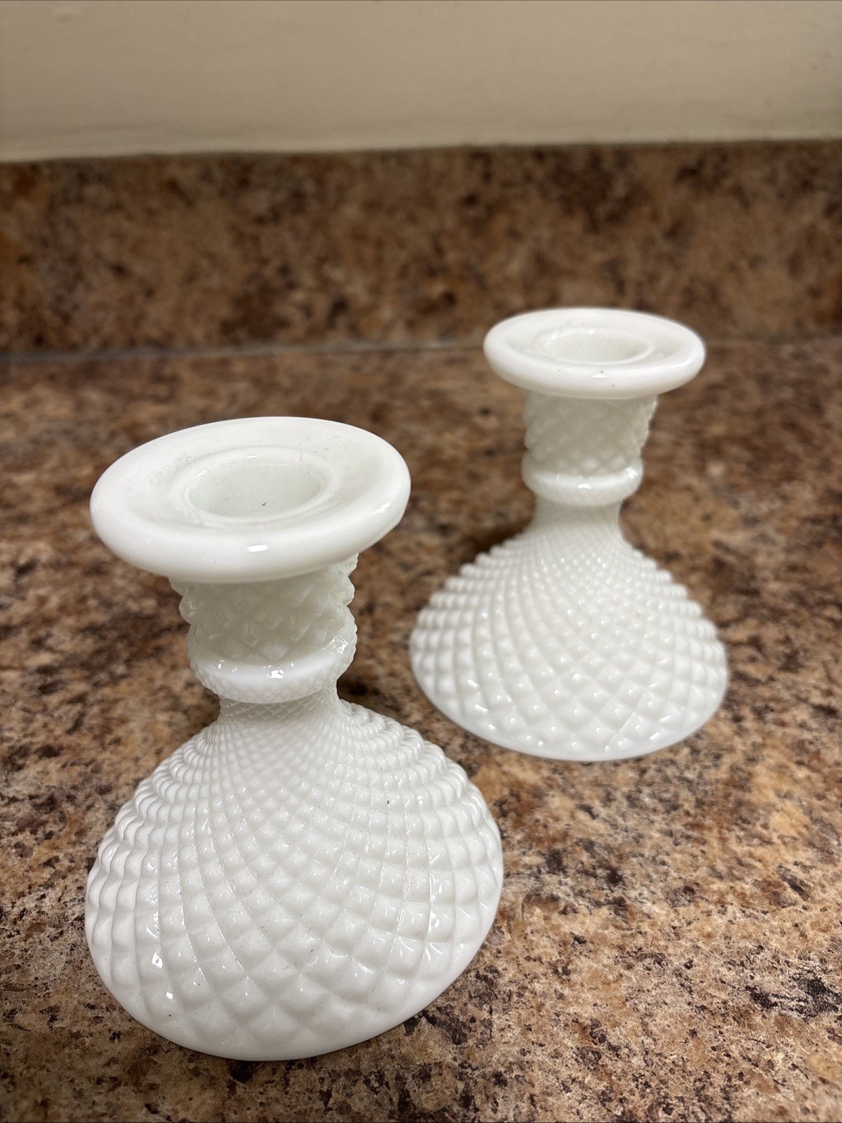 Vintage Fenton White Milk Glass Hobnail Candle Holders Pair