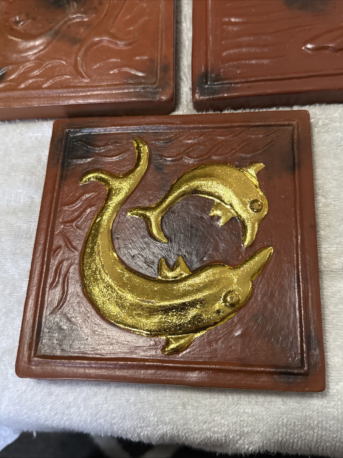 Vintage terracotta Redware decorative pottery tiles 6”x6” Embossed & Heavy