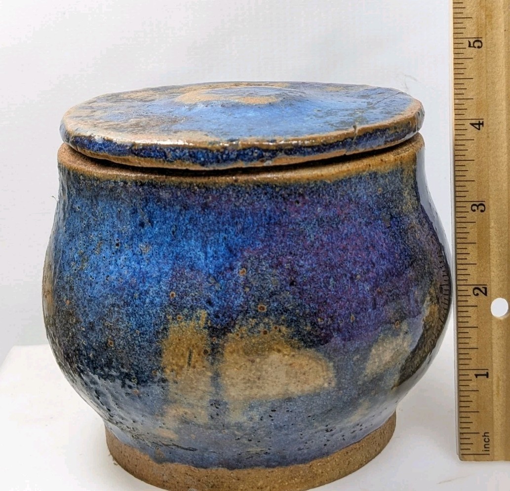 Studio Art Pottery Lidded Jar Blue Abstract Glazed Signed 4.25” x 4.5” Handmade