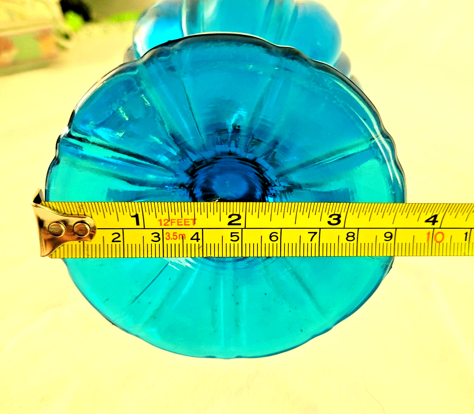 L E Smith Swung Glass Vase Peacock Blue Ribbed Pedestal 19″ MCM Bluenique