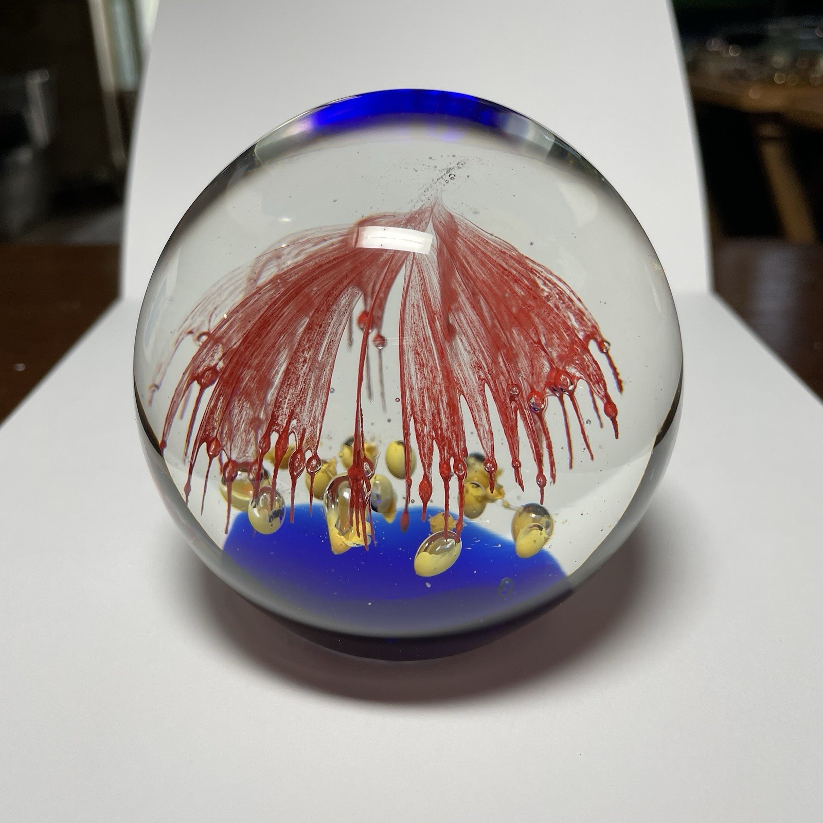 Large Fireworks Paperweight Cobalt Blue Ground Red Yellow Blue Heavy
