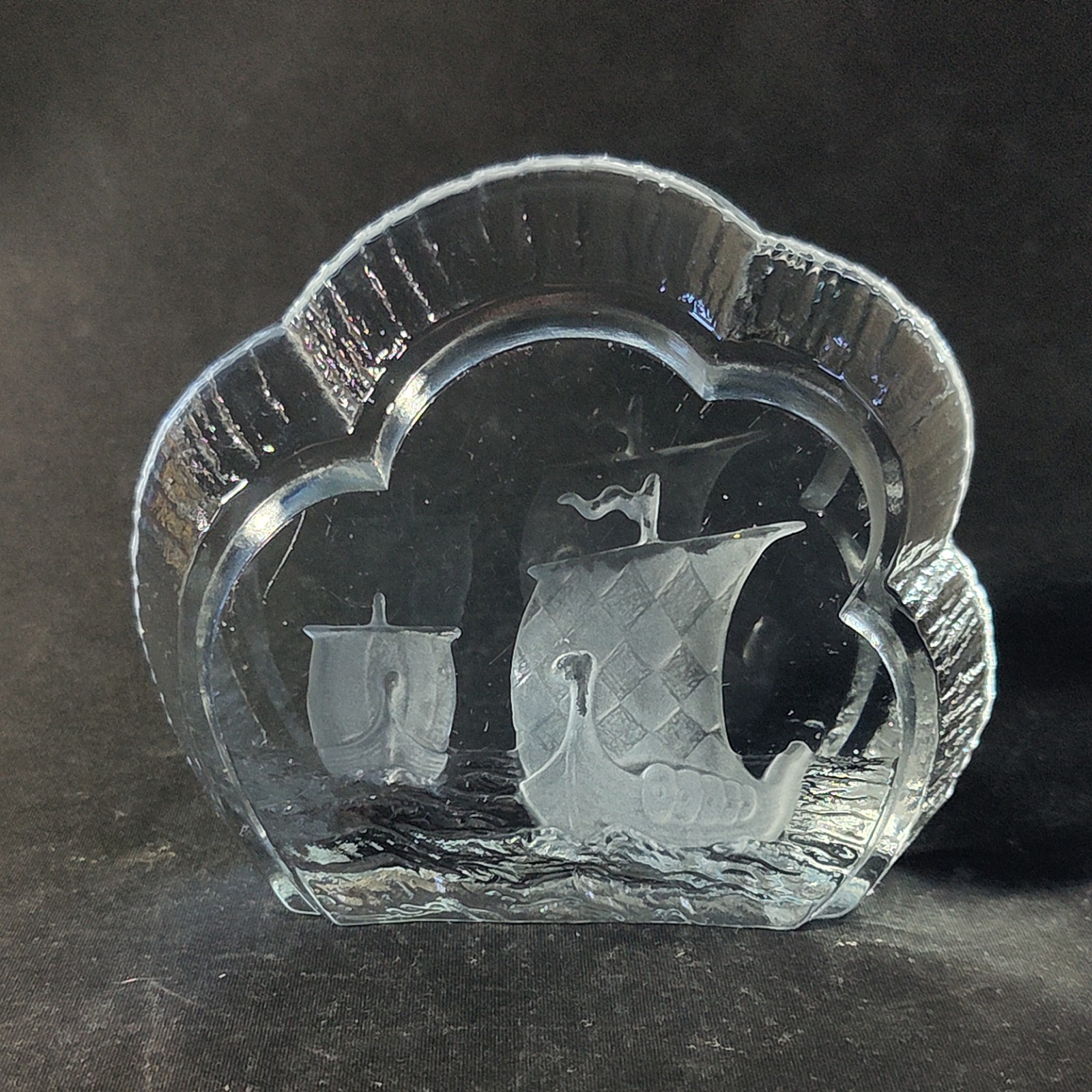 NYBRO VIKING SHIPS SCULPTURE, Intaglio Crystal, 5 1/4″, Sweden, SIGNED