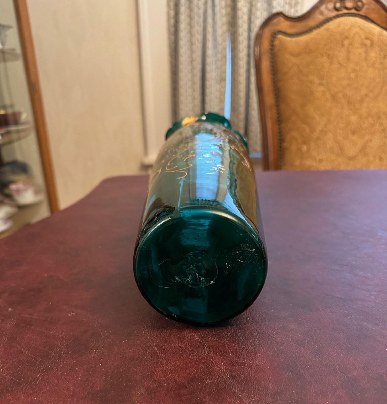 Murano Moser Tiffin style Victorian 1890s emerald gold green glass ruffled vase