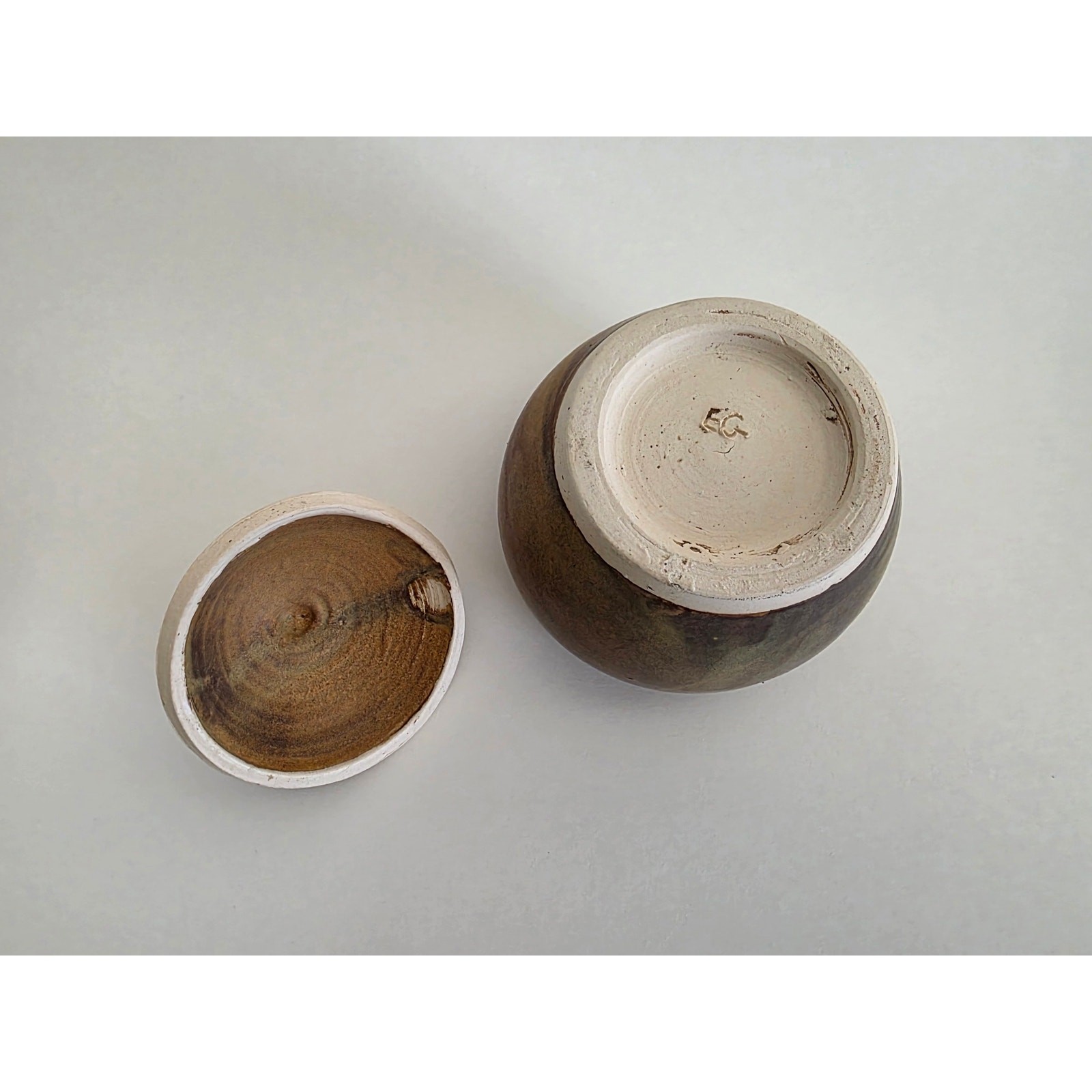 Handmade Studio Pottery Lidded Jar Signed EG – Brown Glaze, 4 x 3.25 in