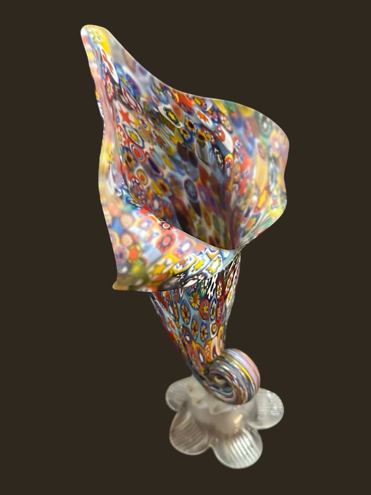Vintage Murano Style Millefiori Art Glass Horn of Plenty Vase Hand Blown Italy