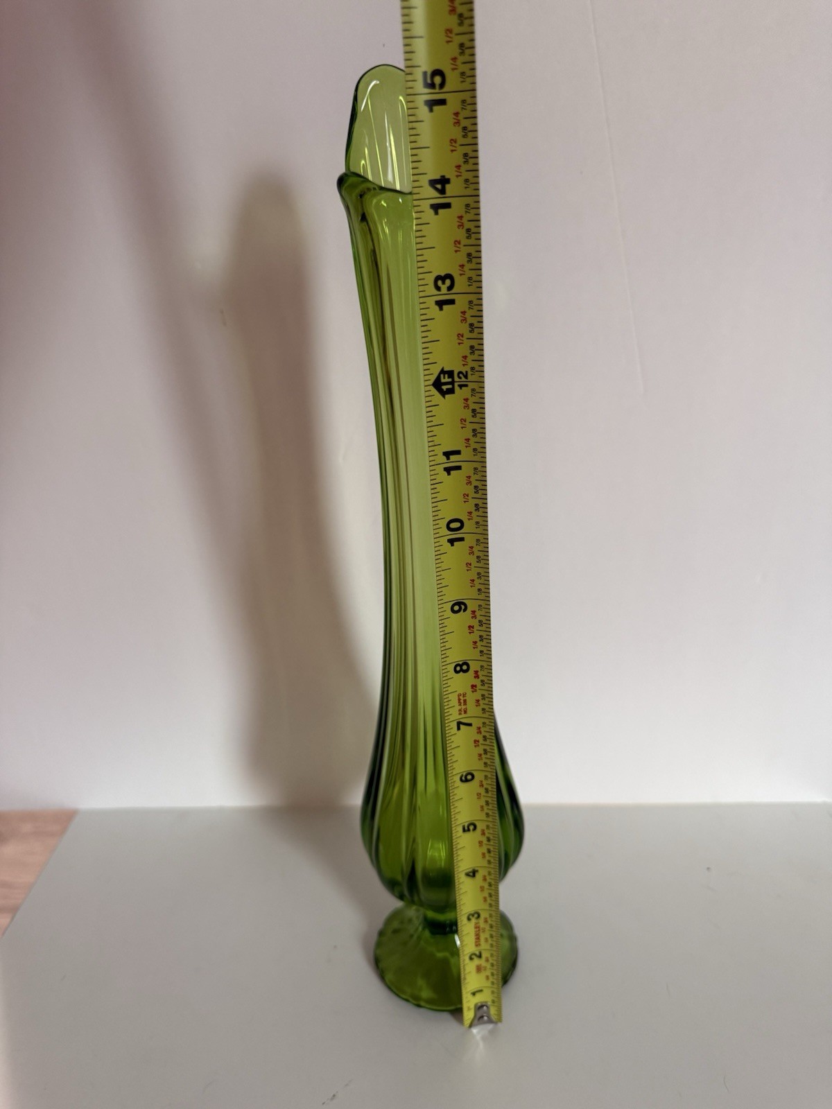 Vintage 1960s LE Smith Avocado Green 6 Petal Swung Glass Pedestal Vase 15.75”