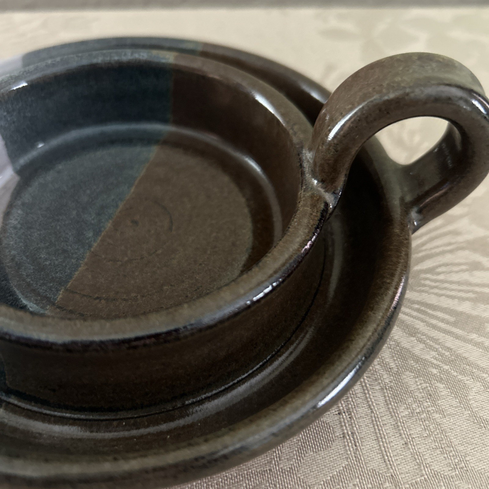 Hand Crafted Signed Art Studio Pottery with holder very unique rare