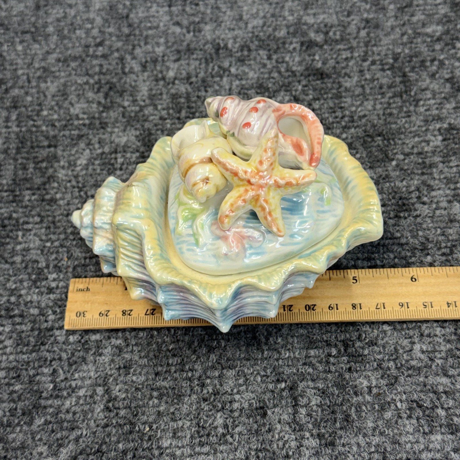 Porcelain Shell Trinket Box Lidded 5.5 In Pastel Colors Starfish Beach Coastal