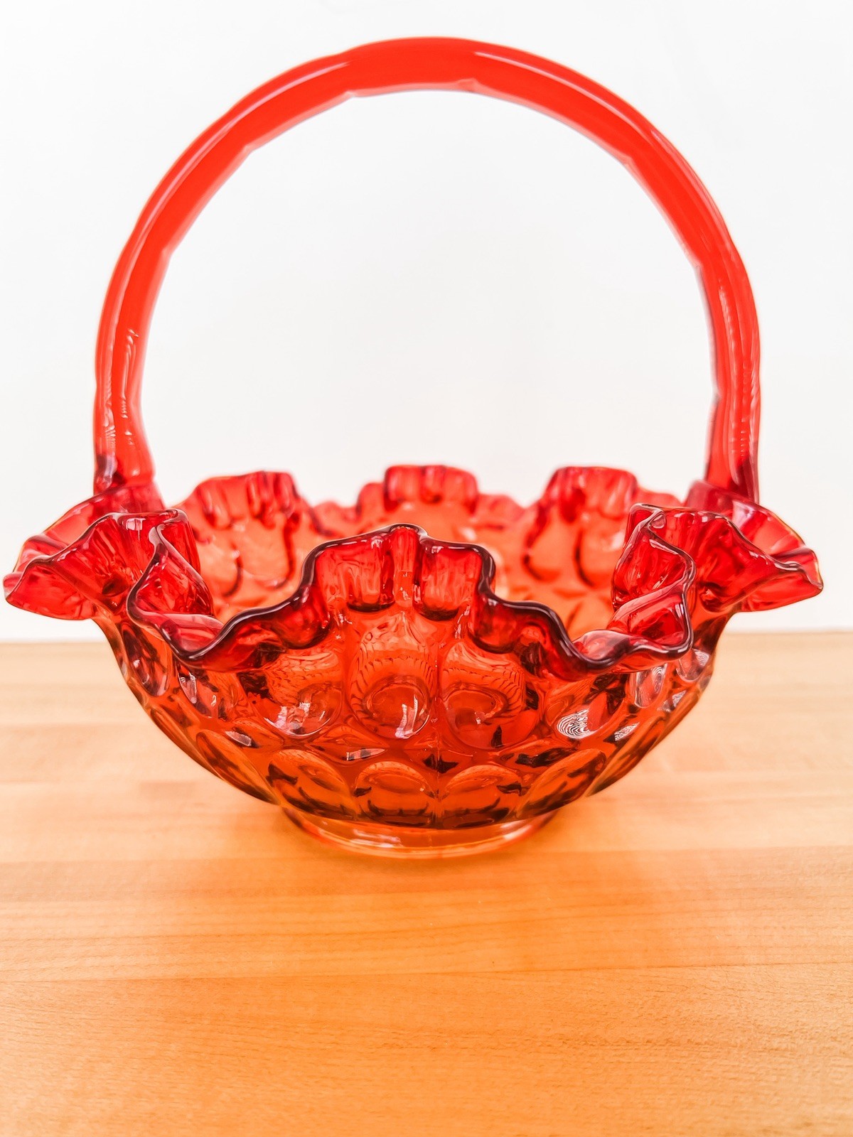 Vintage Orange Aberina Thumbprint Ruffled Edge Fenton Glass Basket Bowl 8×8