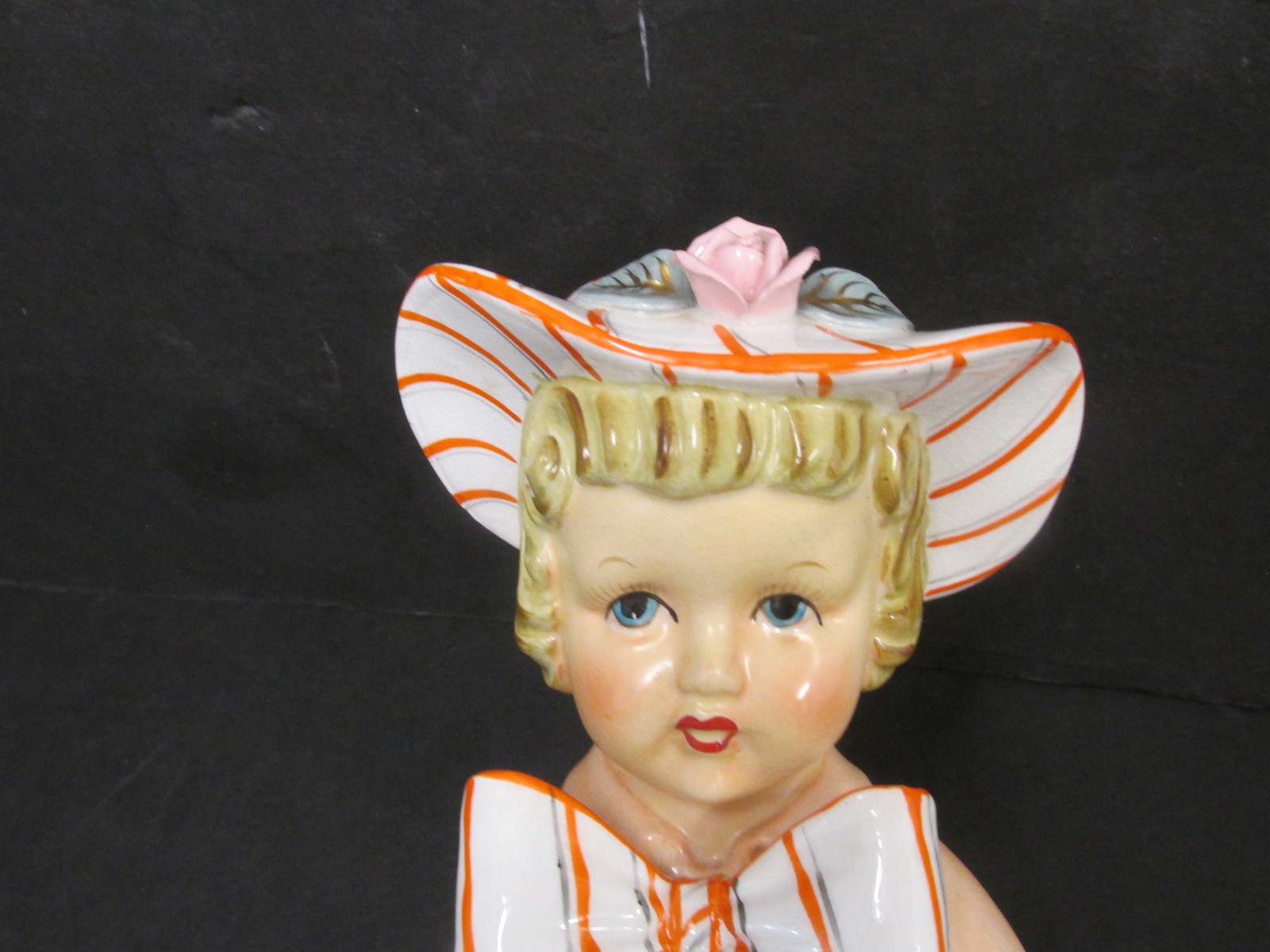 RELPO 5 INCH HEAD VASE BLOND GIRL ORANGE DRESS WHITE ACCENTS BOW FOIL LABEL