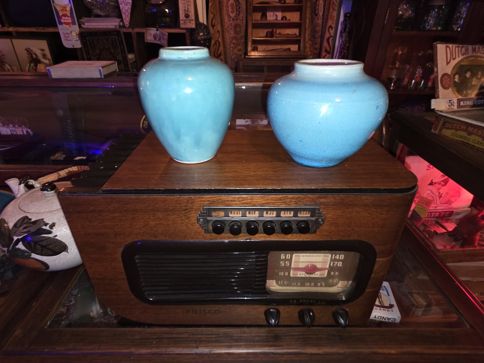 2 Vintage Pisgah Nelson Turquoise Vase Arts Crafts Pottery Signed NC Beautiful