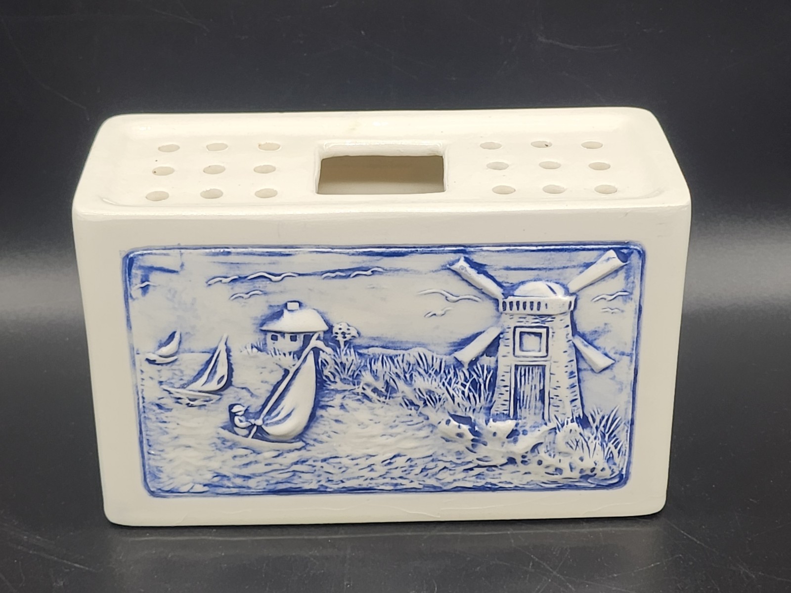 Vintage Holland Mold Porcelain Flower Brick With Windmill & Sailboats