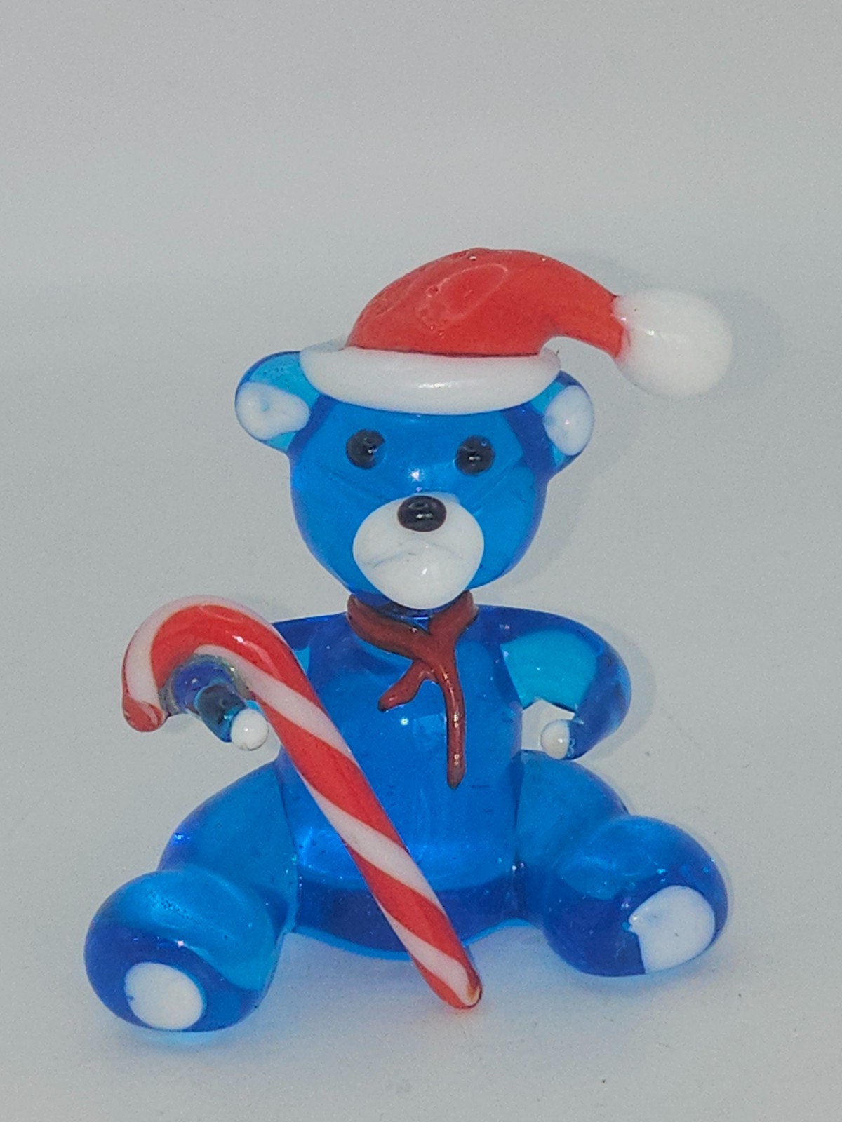Vtg SPUN ART GLASS ANIMAL FIGURE FINURINE Blue Bear Santa hat candy cane Xmas