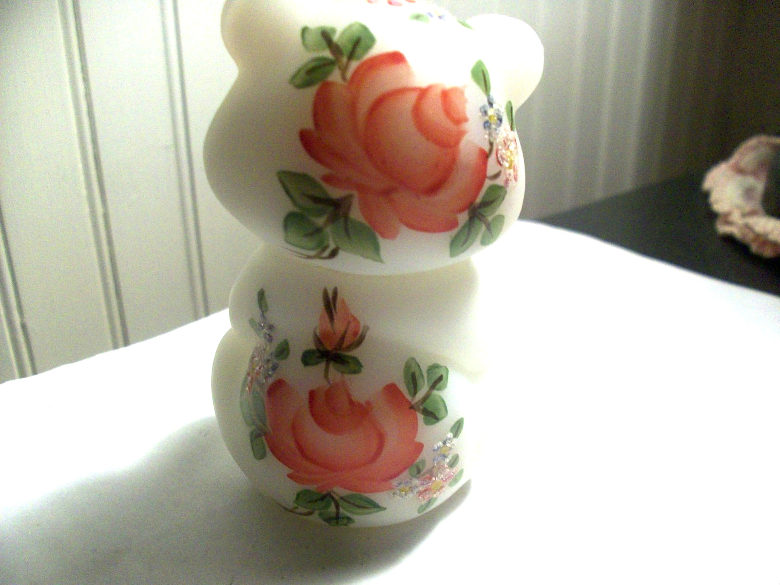 Stunning FENTON art glass white satin bear Hand Pntd flowers Marilyn Wagner OOAK