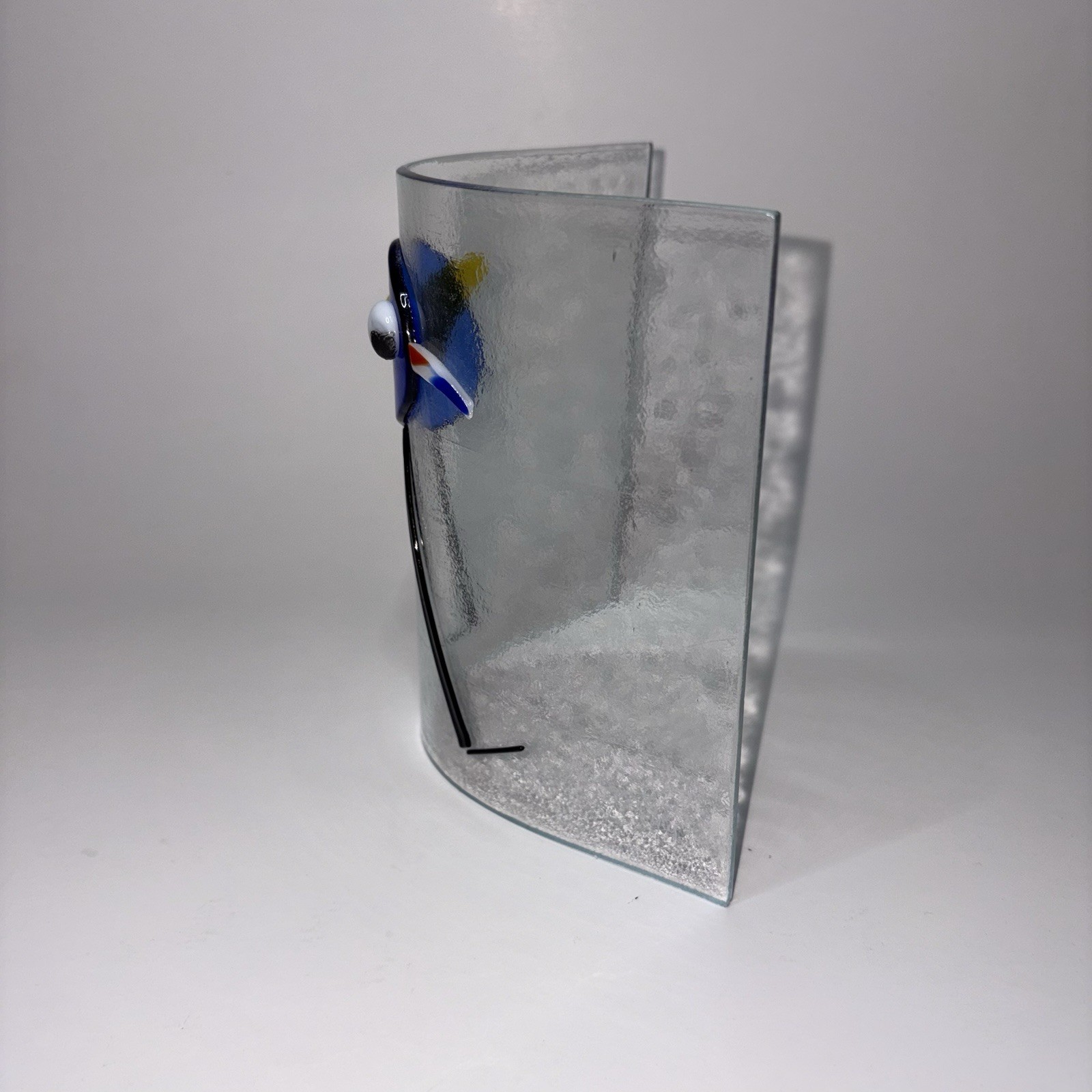 Fused Glass Bird on Curved Glass Sculpture Signed Blue Bird Home Decor 6”x6”