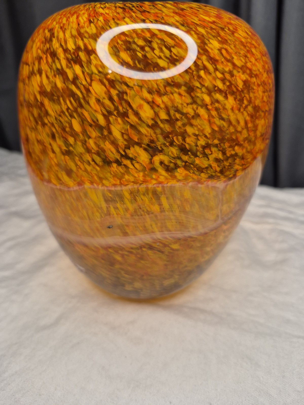 Speckled Glass Vase Brown Yellow Orange w White Band 7″h